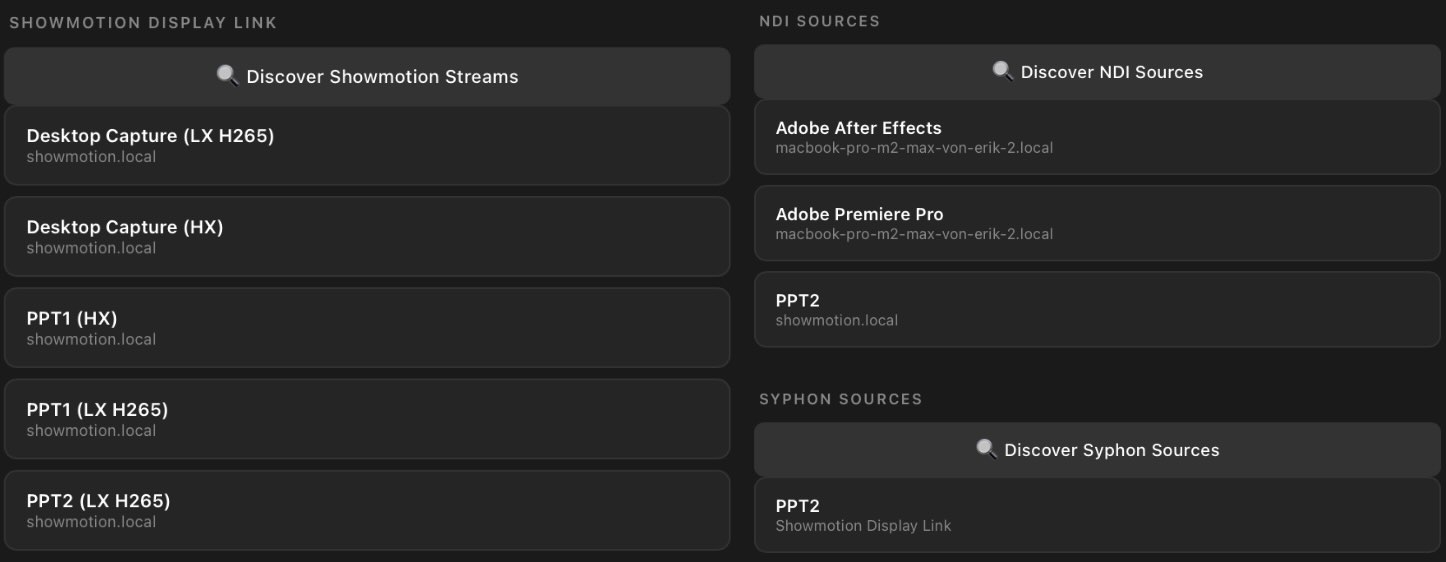 Source discovery panel listing Showmotion Display Link, NDI, and Syphon sources