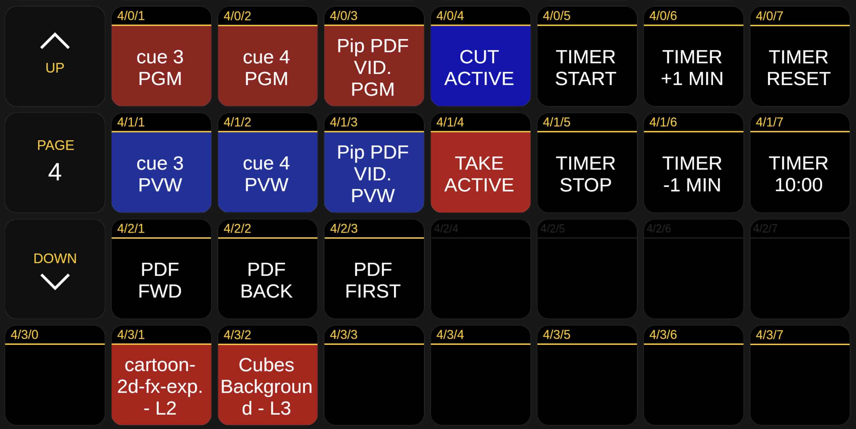 Bitfocus Companion Stream Deck layout for ShowMotion cues, transitions, and timer control