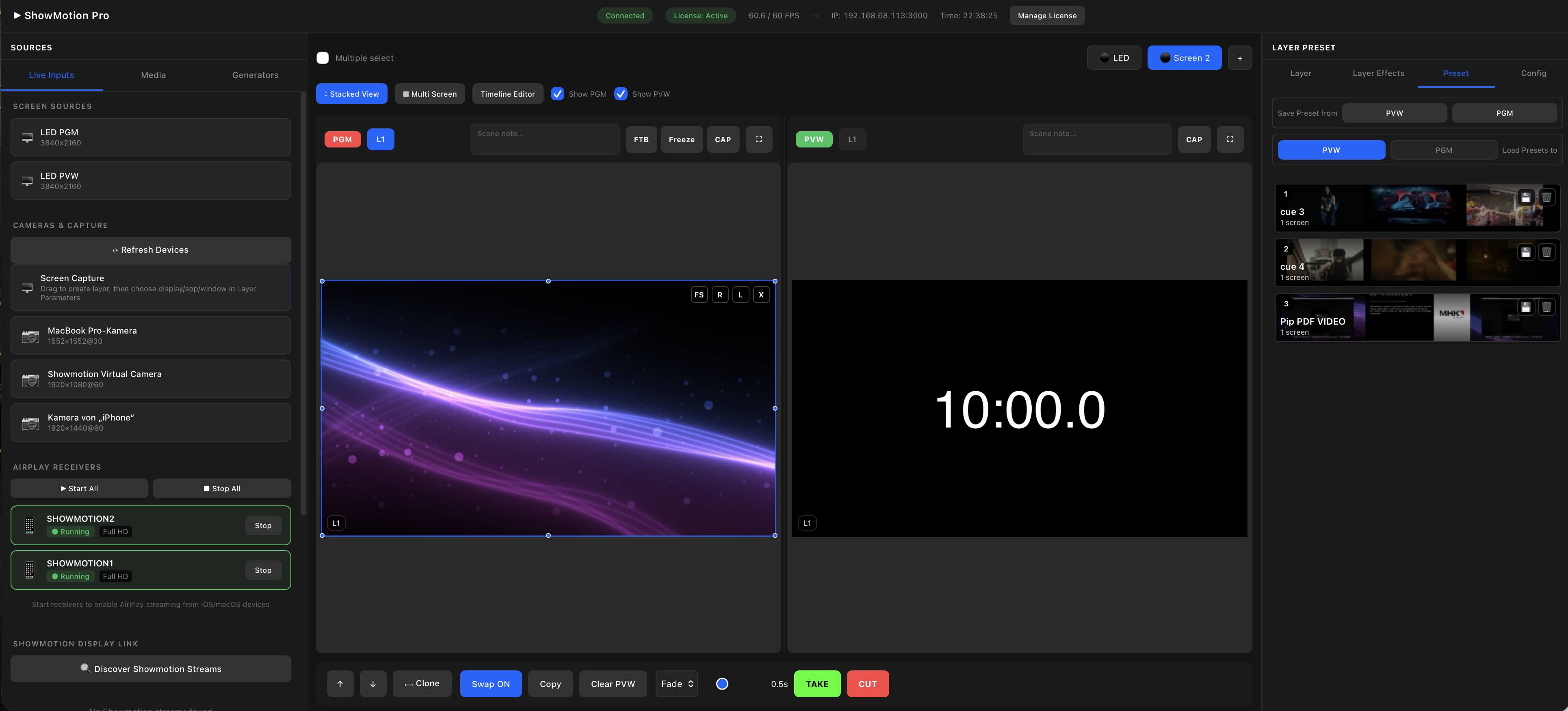 ShowMotion operator view with layer control and live switcher state