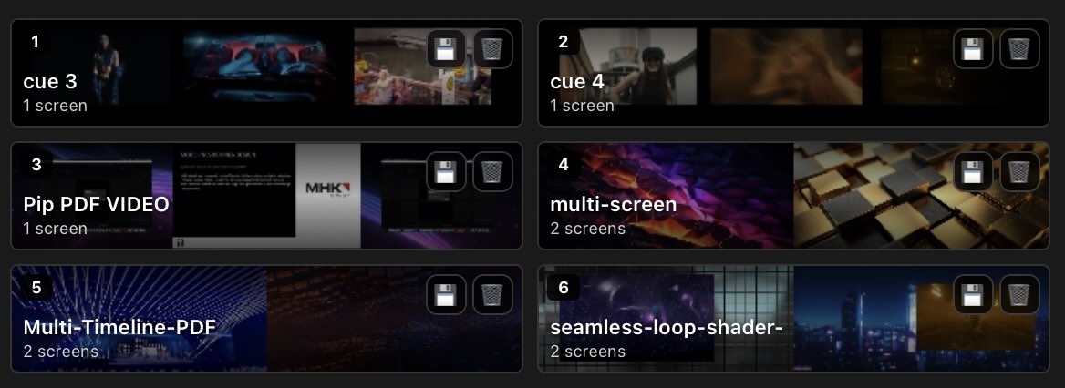 ShowMotion preset list with cue-based recall and multi-screen preset entries