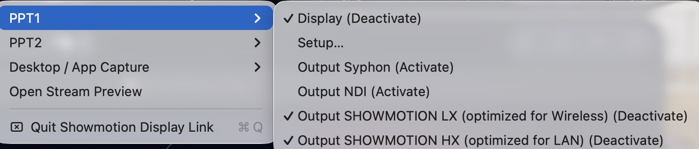 Showmotion Display Link quick menu with stream profile and output options