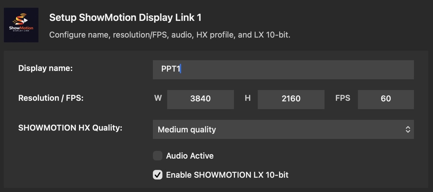 Showmotion Display Link setup dialog with resolution, FPS, and profile controls