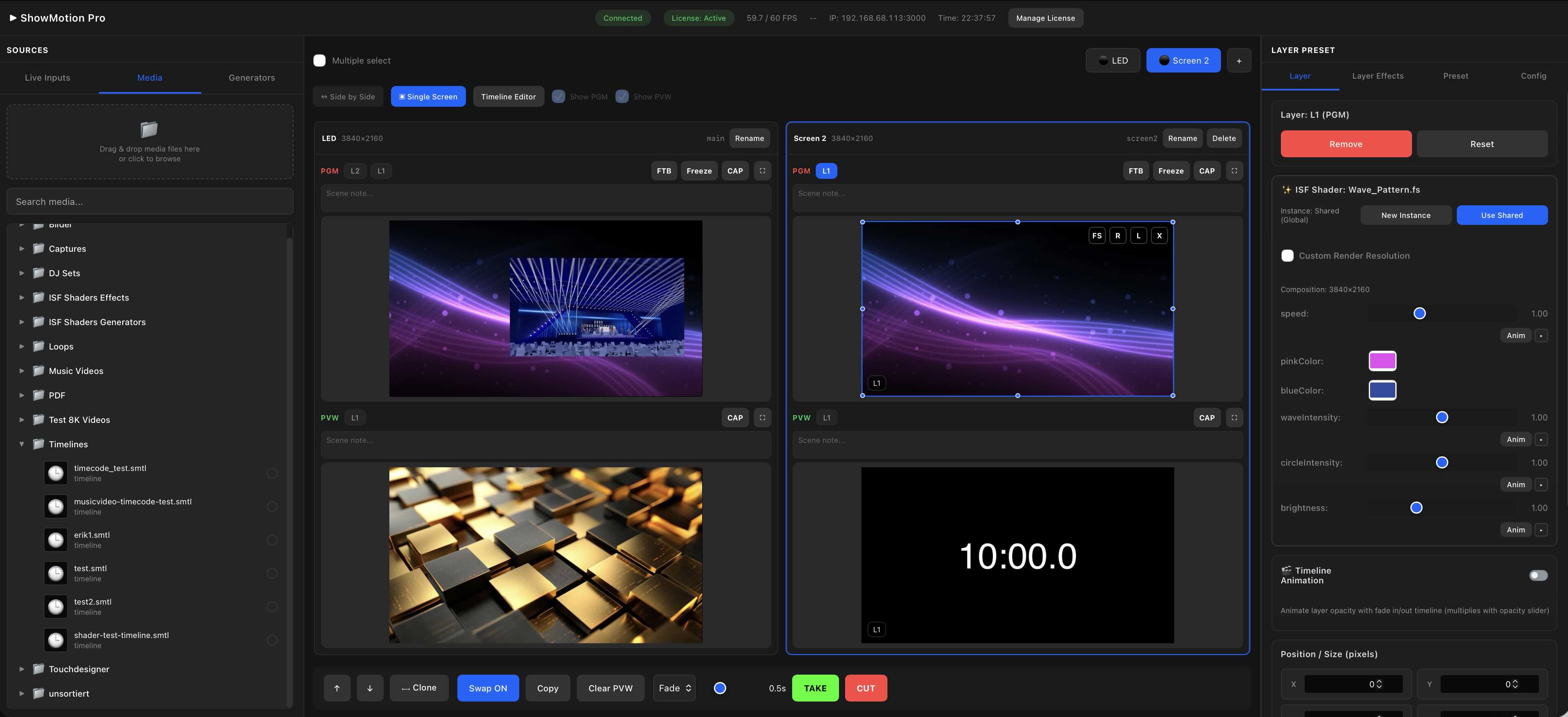 ShowMotion switcher with PGM and PVW screen workflow