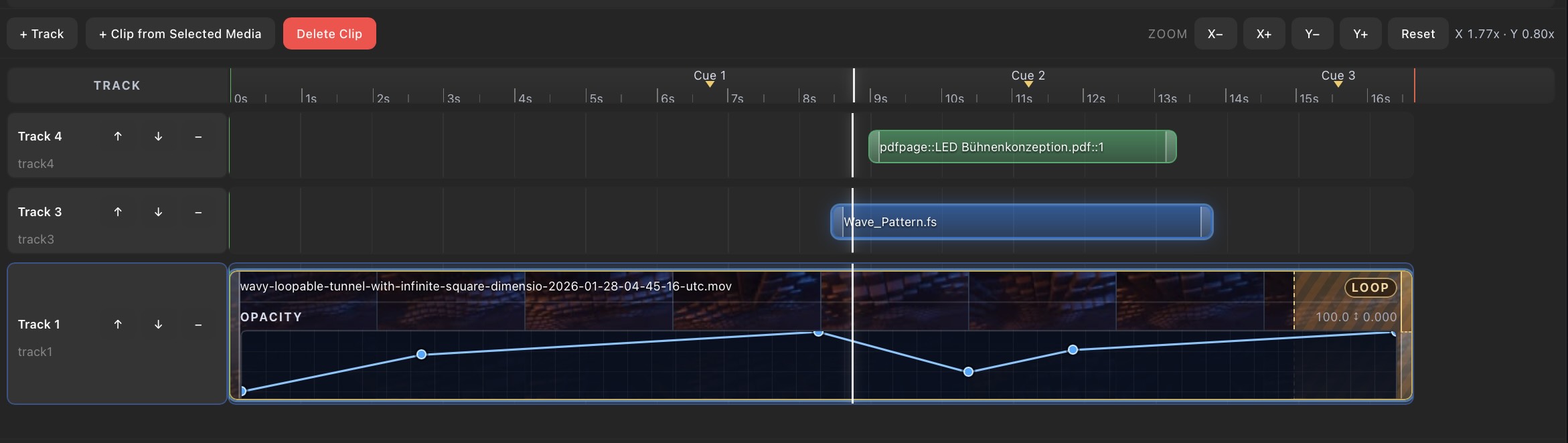 ShowMotion timeline with cues, layered clips, and curve editing