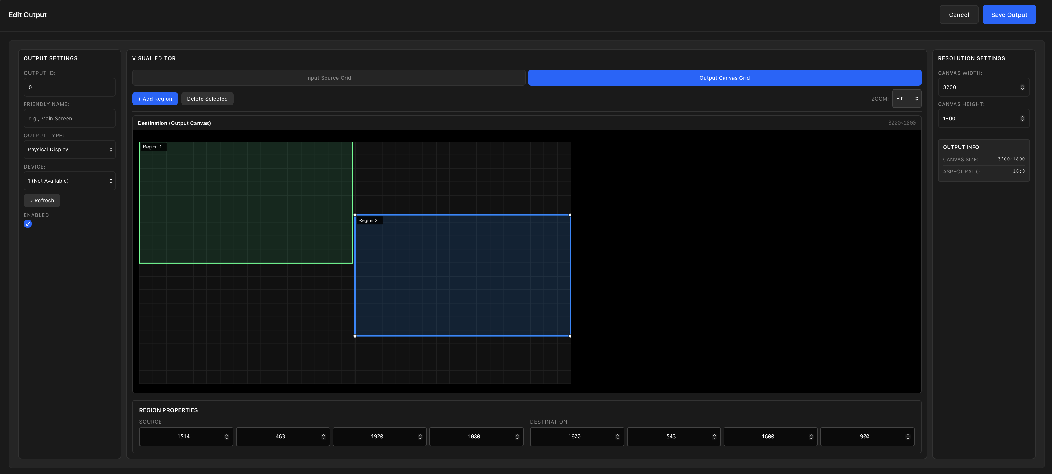 ShowMotion output mapping editor with destination canvas regions